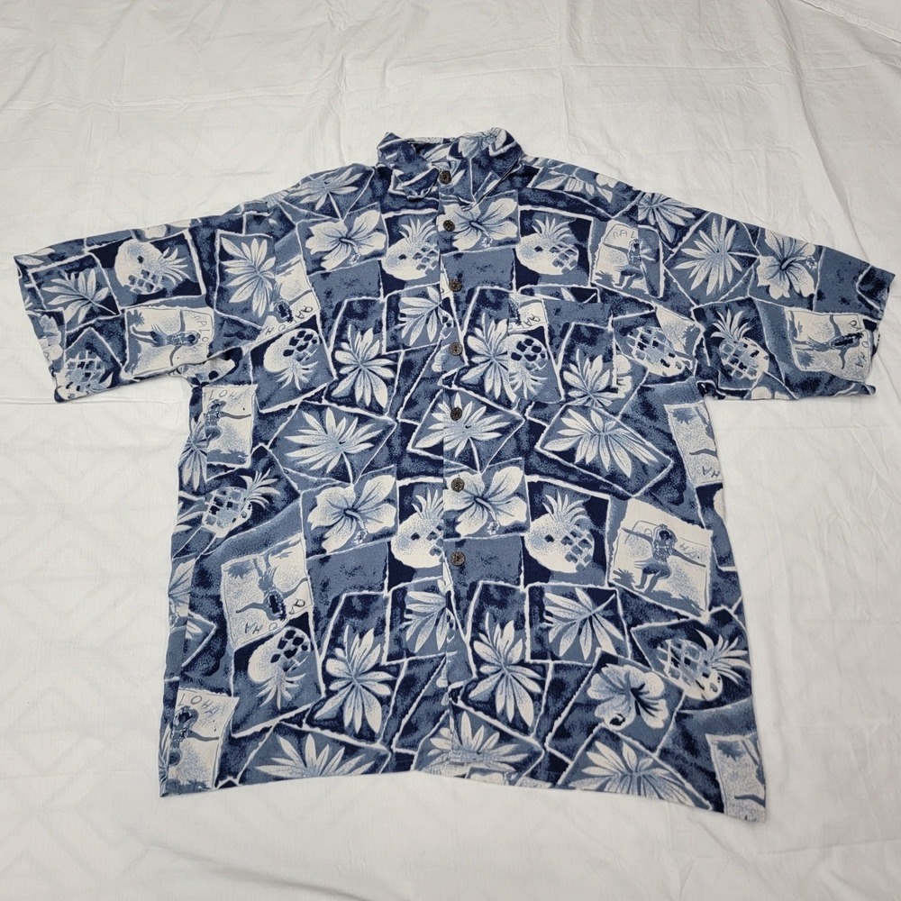 Hana Bay Island Style Mens Blue White Tropical Pineapple Rayon Aloha Shirt M